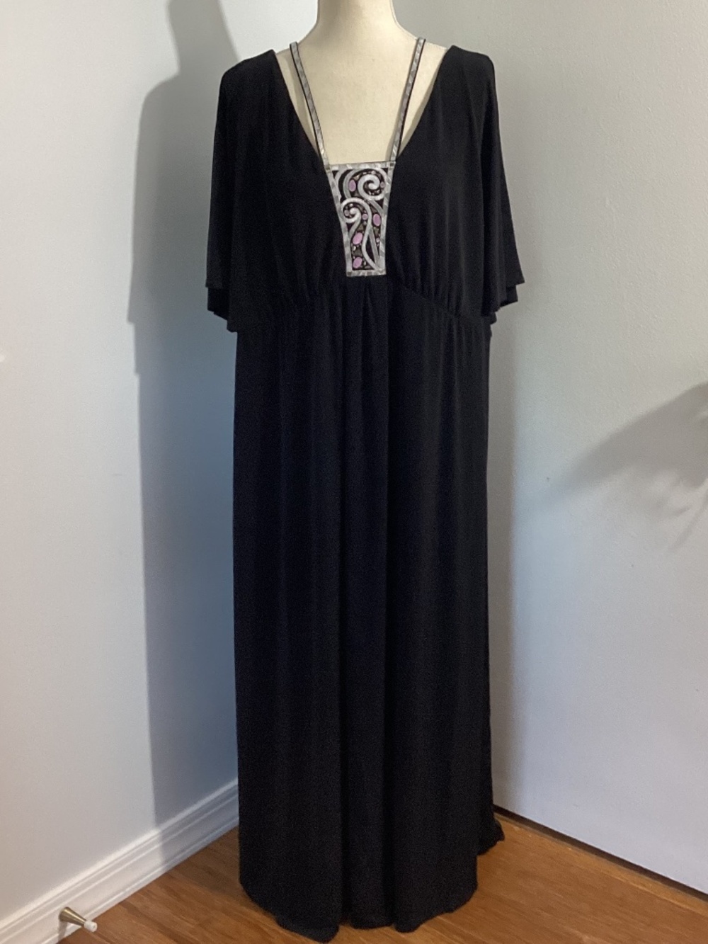 Y2K NWT BOB MACKIE WEARABLE ART 3X BLACK MAXI DRESS EMBROIDERY NECKLACE